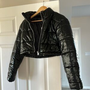 Cropped Black Metallic Puffer Jacket